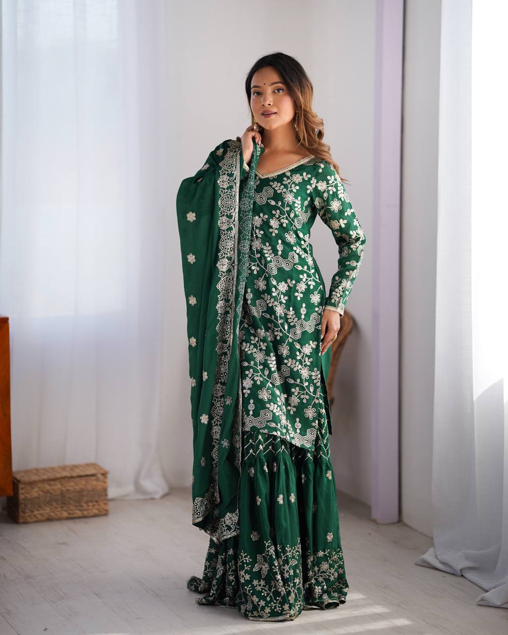 Green color chinon silk sharara suit with price
