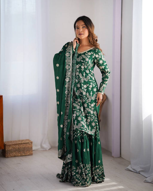 Green color chinon silk sharara suit with price