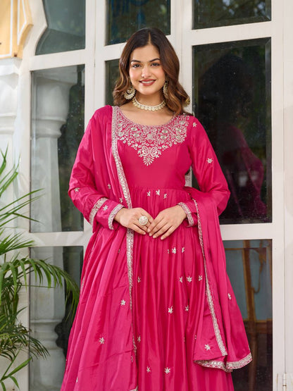 Pink cololr american silk gown with dupatta 