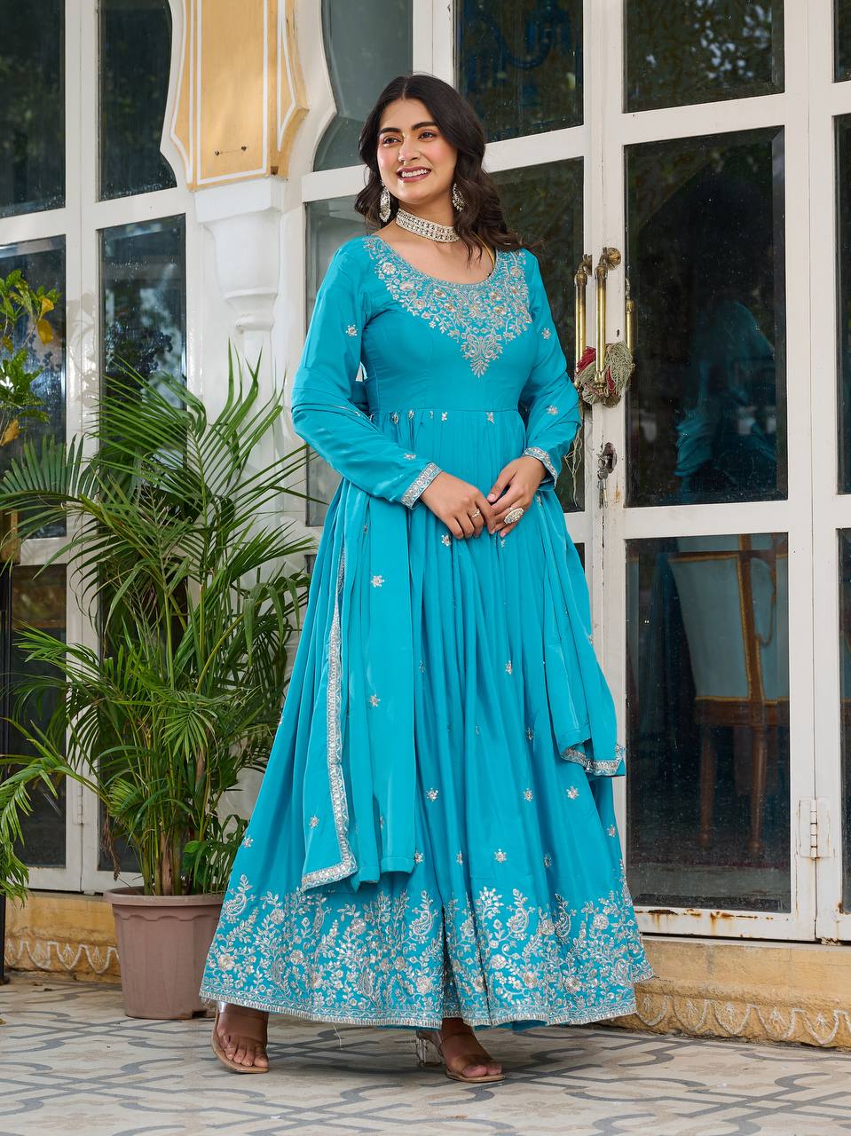 Sky color american silk gown for women