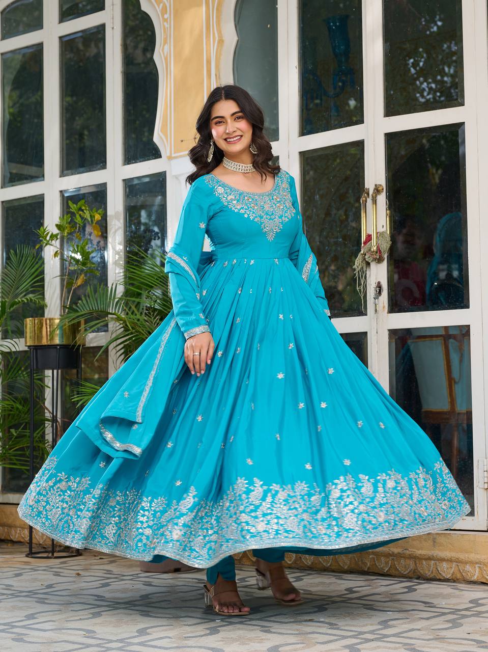 Sky color american silk gown with dupatta online shopping