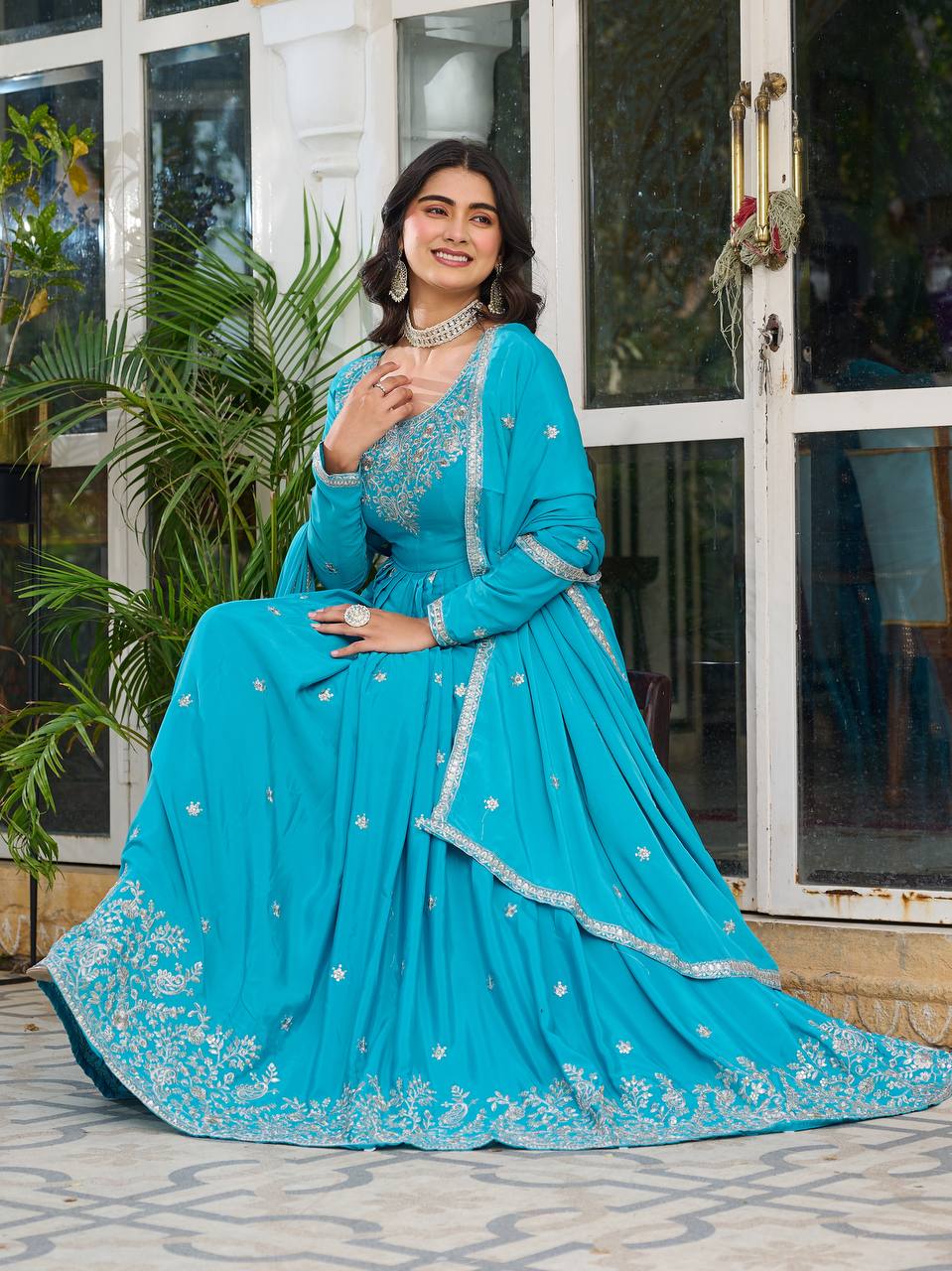 Sky color american silk gown with dupatta 