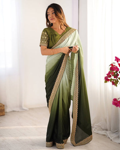 Green color chinon silk saree with blouse