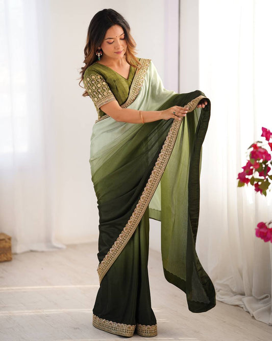 Green color chinon silk saree for women