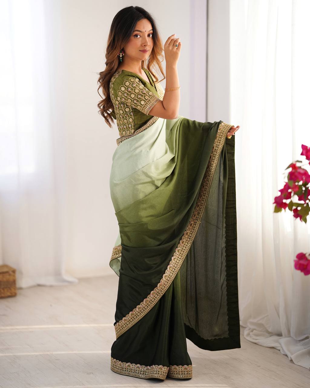 Green color chinon silk saree with blouse online