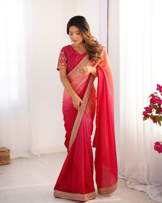 Pink color chinon silk saree for women