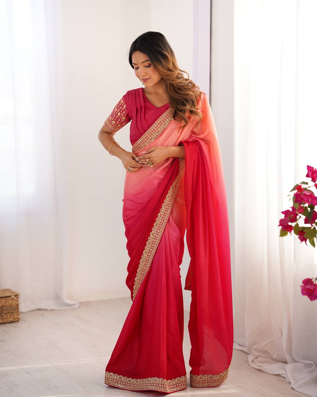 Pink color chinon silk saree for wedding