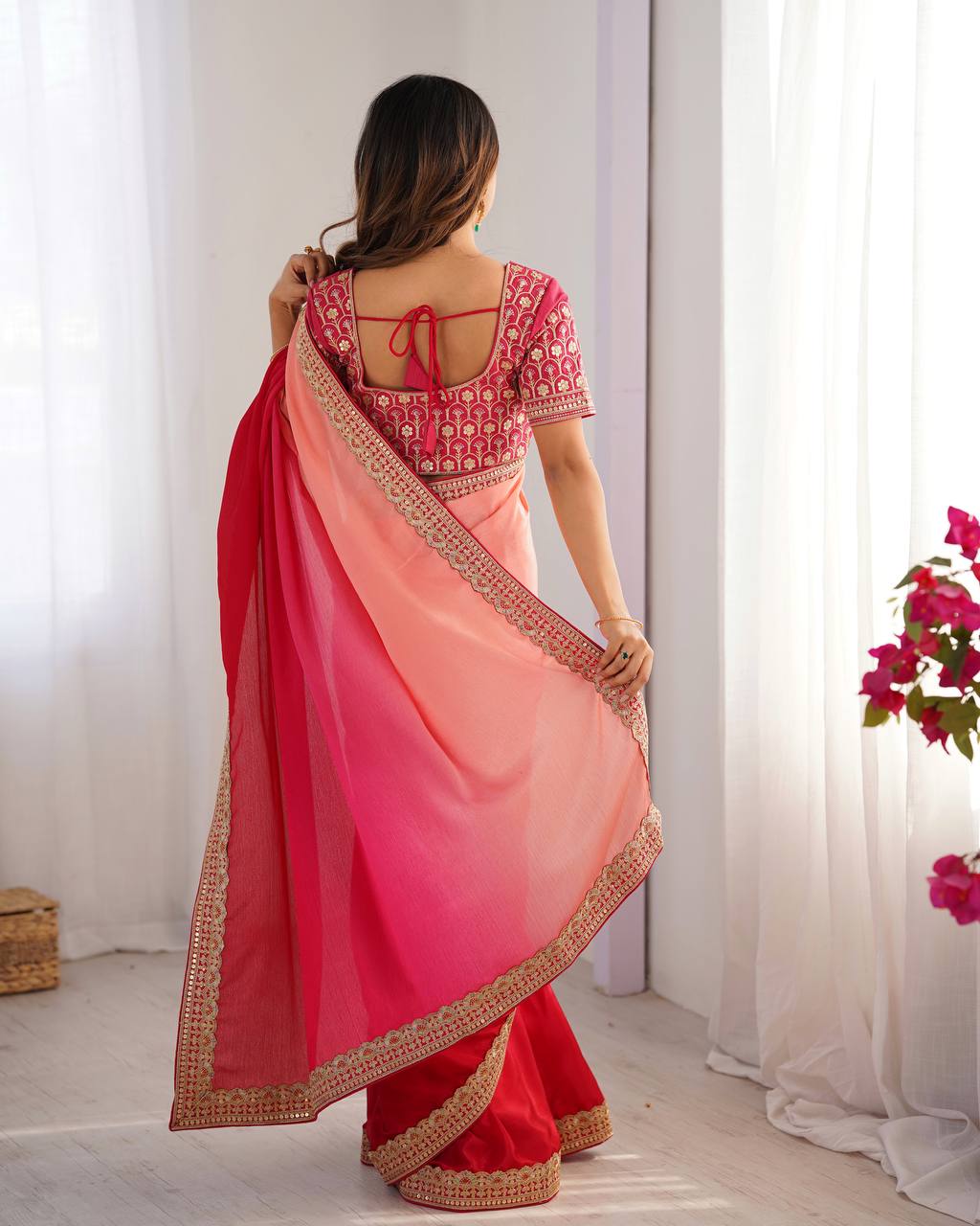 Pink color chinon silk saree with blouse price
