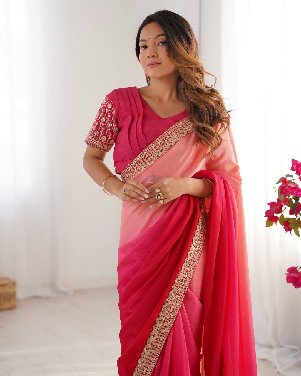 Pink color chinon silk saree with blouse online