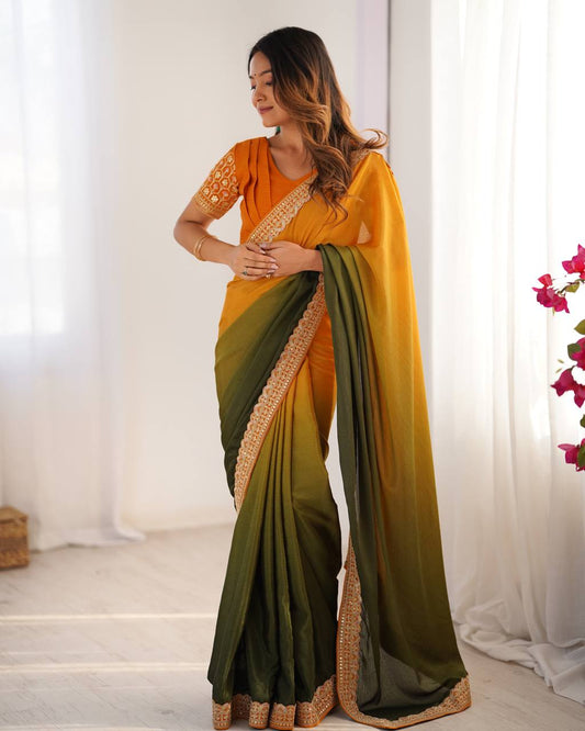 Yellow color chinon silk saree for women