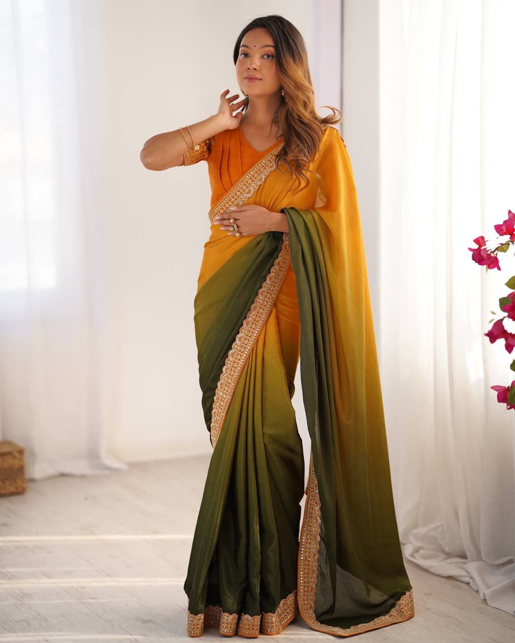 Yellow color chinon silk saree with blouse online