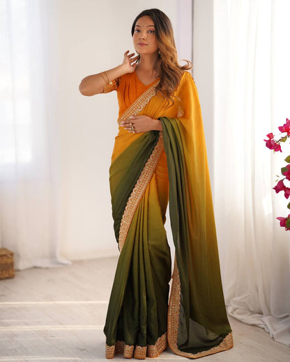 Yellow color chinon silk saree with blouse online
