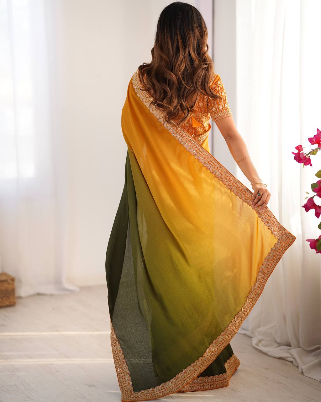 Yellow color chinon silk saree with blouse online shopping