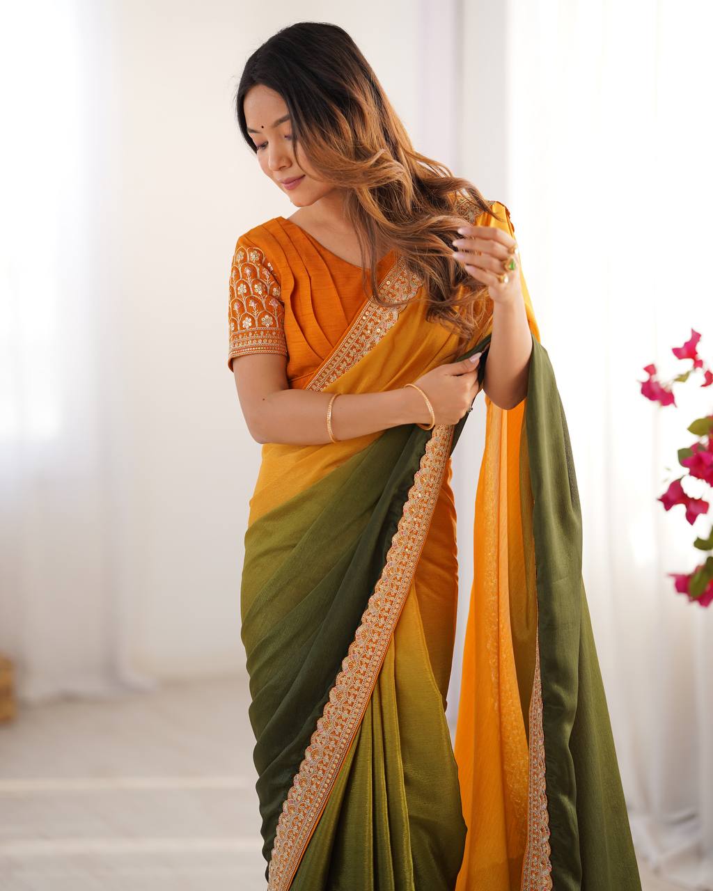 Yellow color chinon silk saree with blouse price