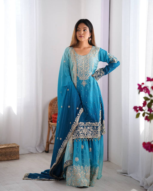 Sky color chinon silk sharara suit for women
