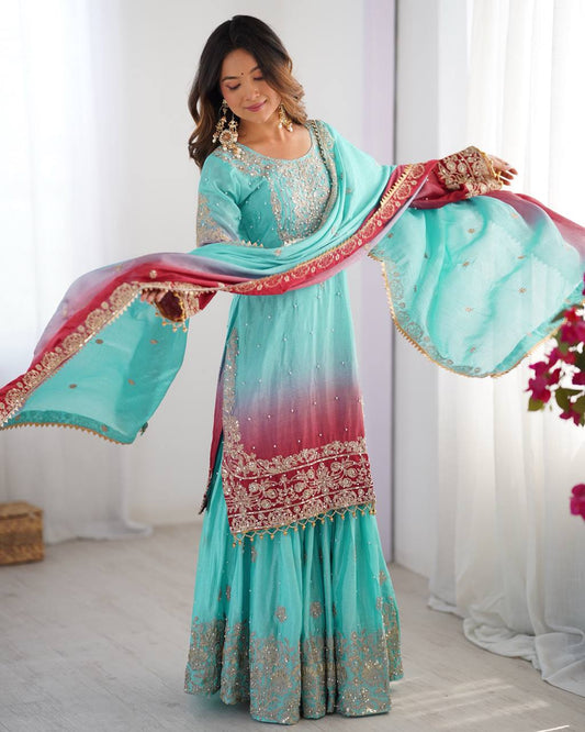 Sky Blue color chinon silk sharara suit for women