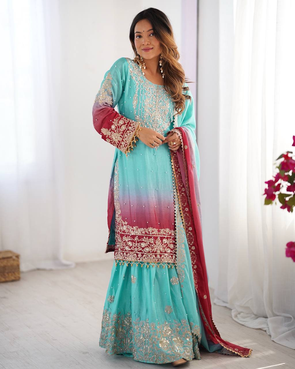 Sky Blue color chinon silk sharara suit with dupatta online