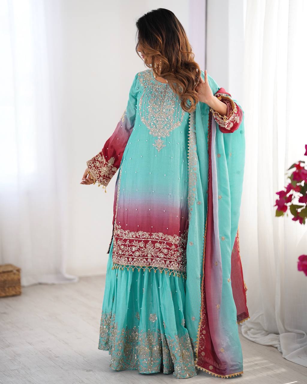 Sky Blue color chinon silk sharara suit with dupatta