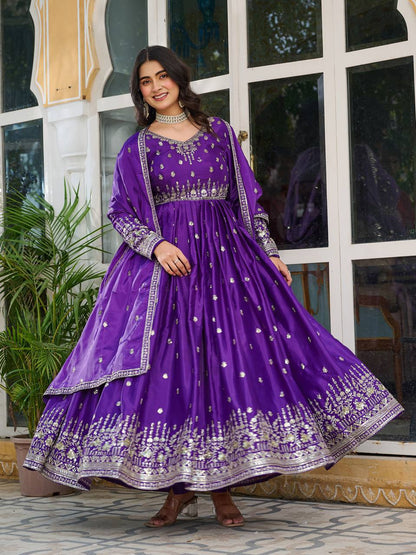 Purple color american silk gown with dupatta images