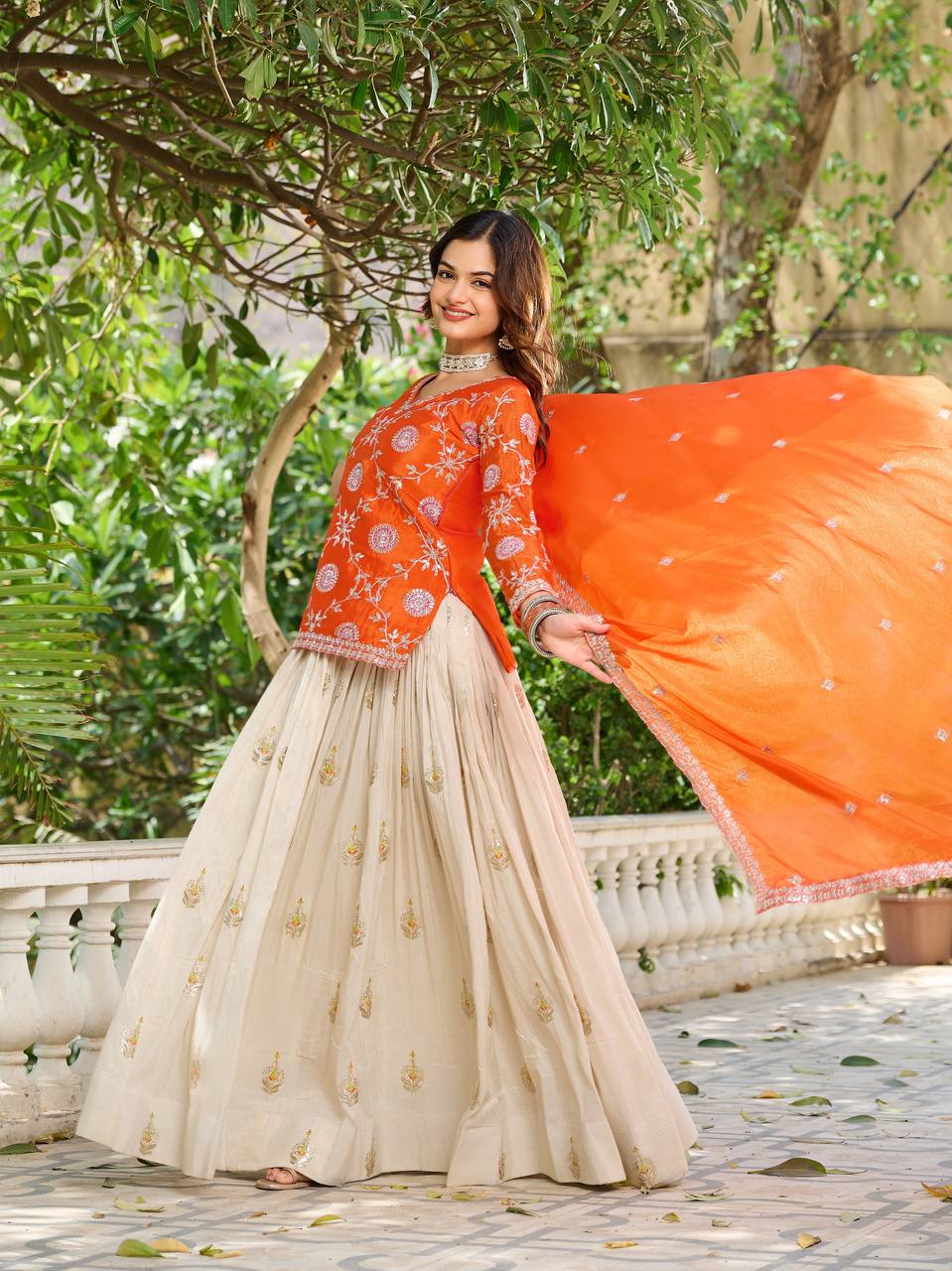 Orange color chinon lehenga with kurti price