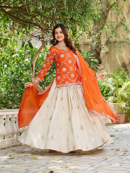 Orange color chinon lehenga with kurti online shopping