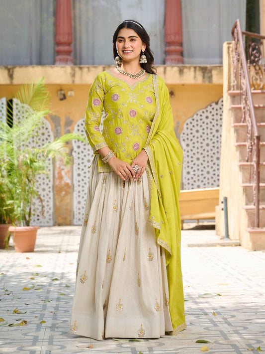 Green color chinon lehenga choli for women