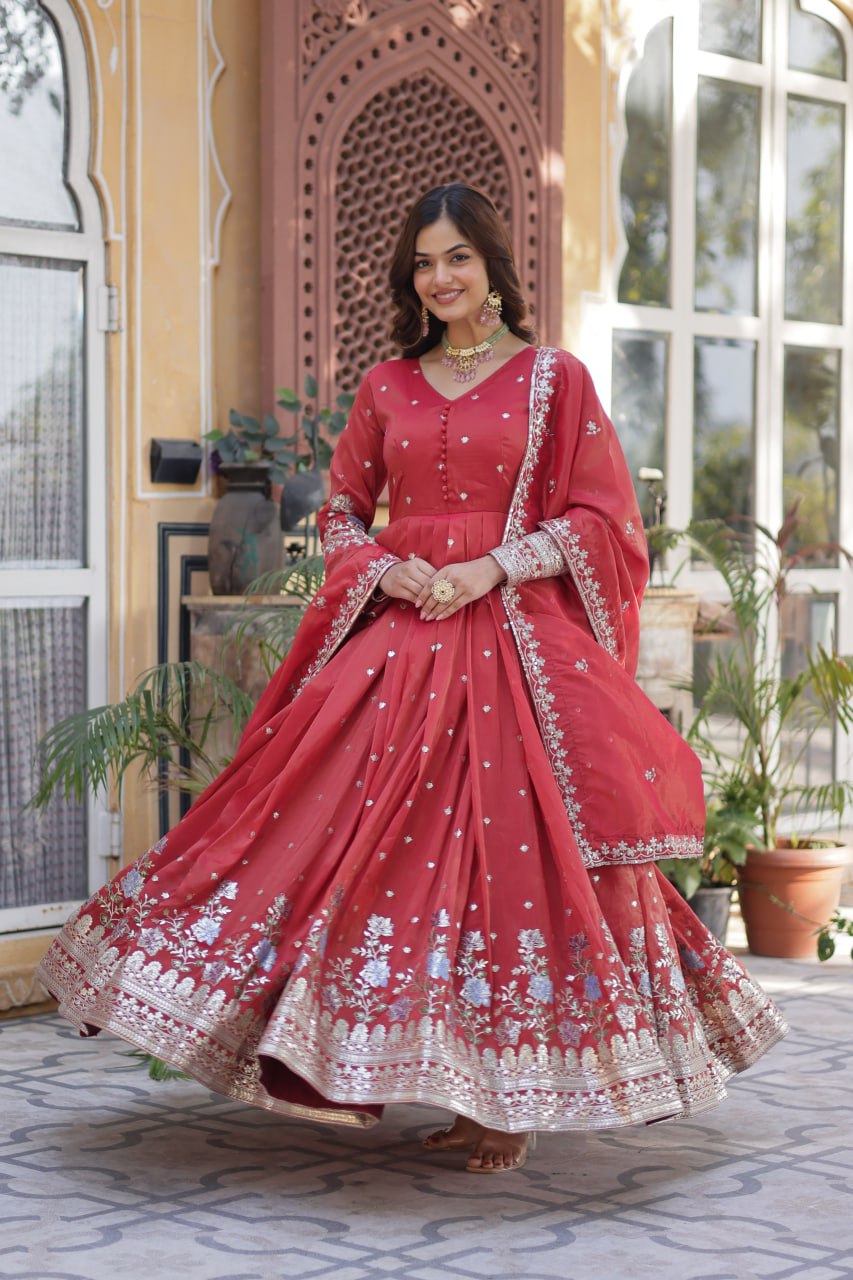 Long sleeve red gown for women
