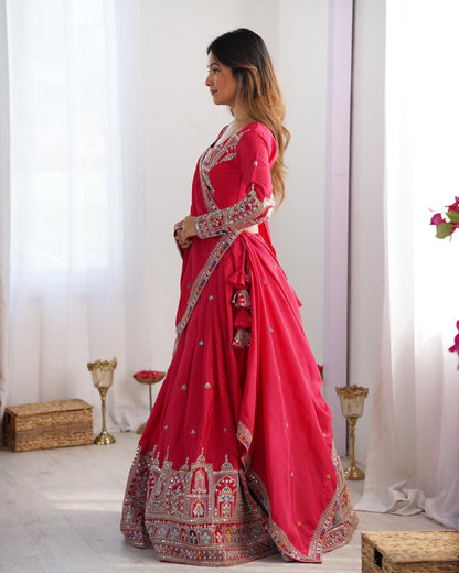 Pink color crepe silk saree with blouse images