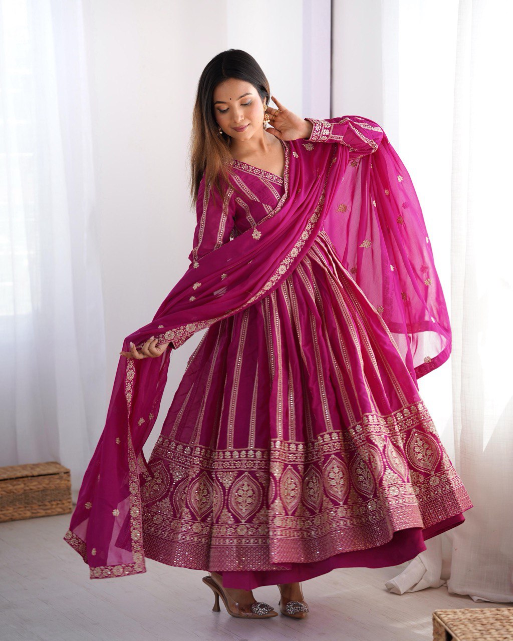 Pink color georgette gown with dupatta online