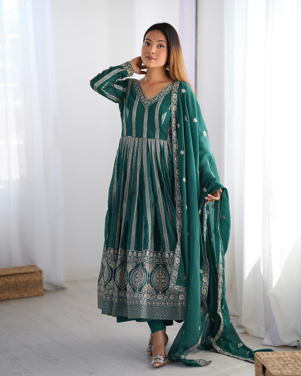 Green color star georgette gown for women