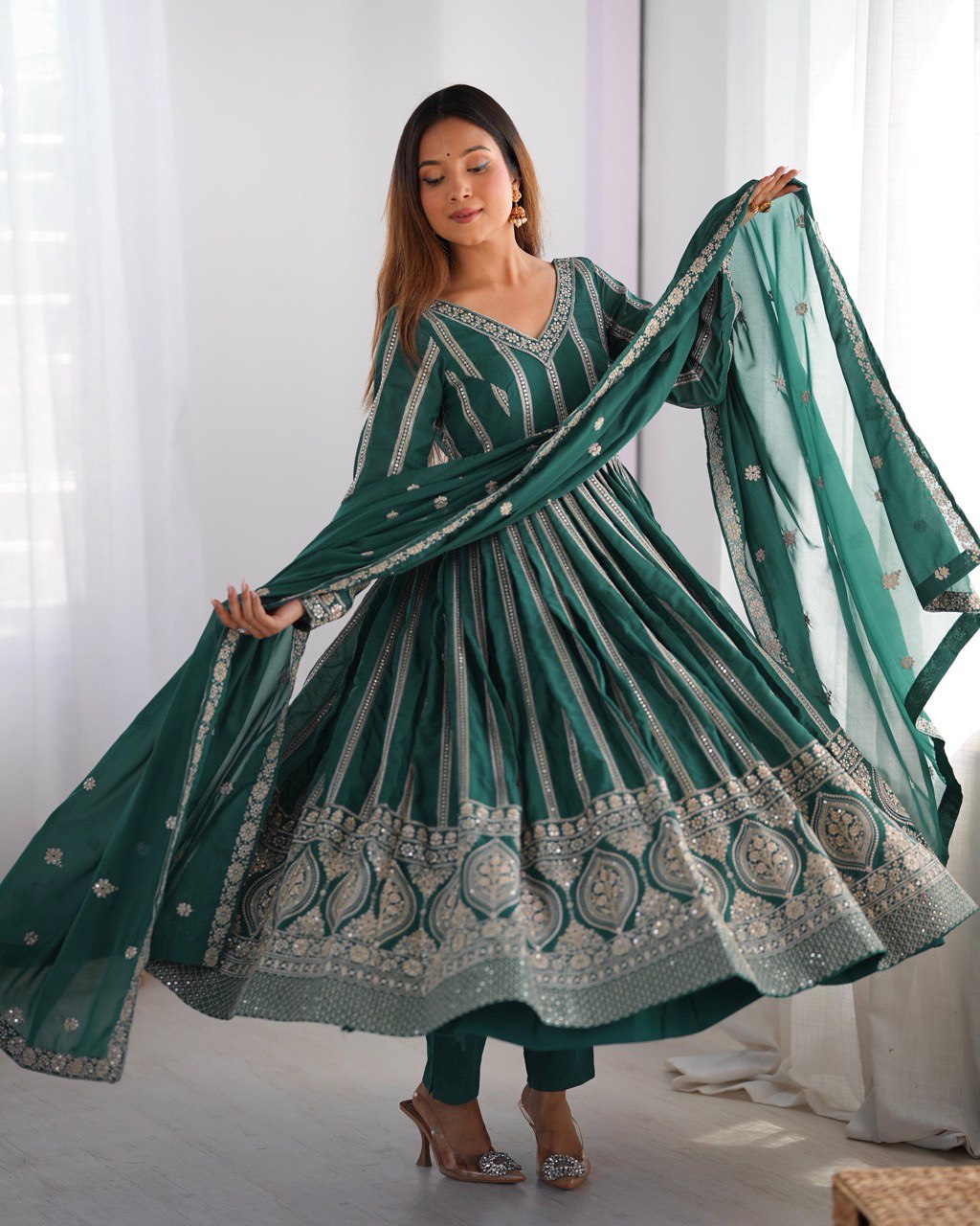 Green color star georgette gown for wedding