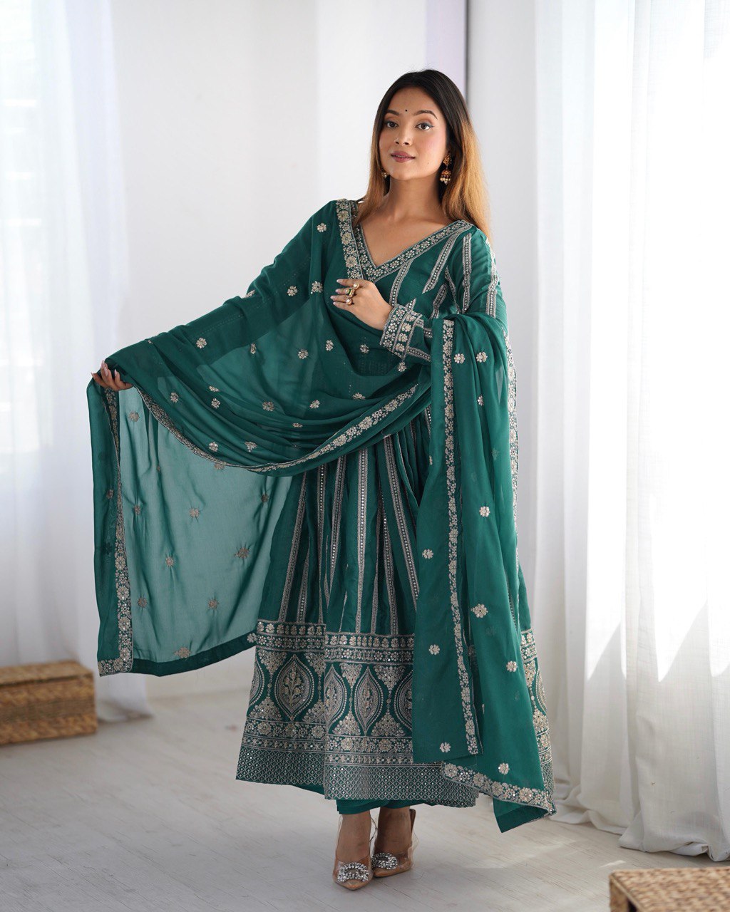Green color star georgette gown with dupatta price