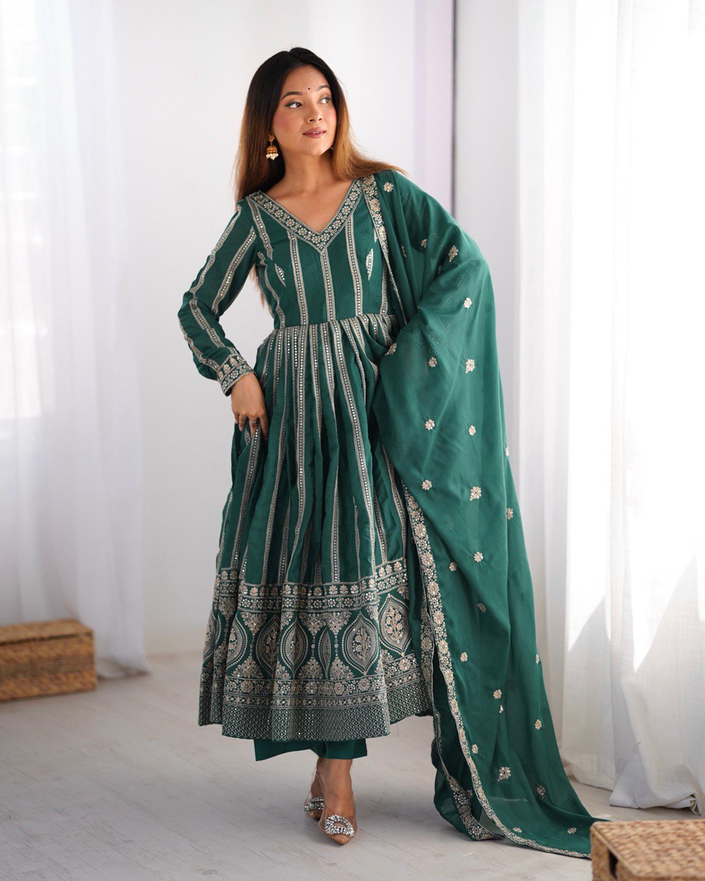 Green color star georgette gown with dupatta online