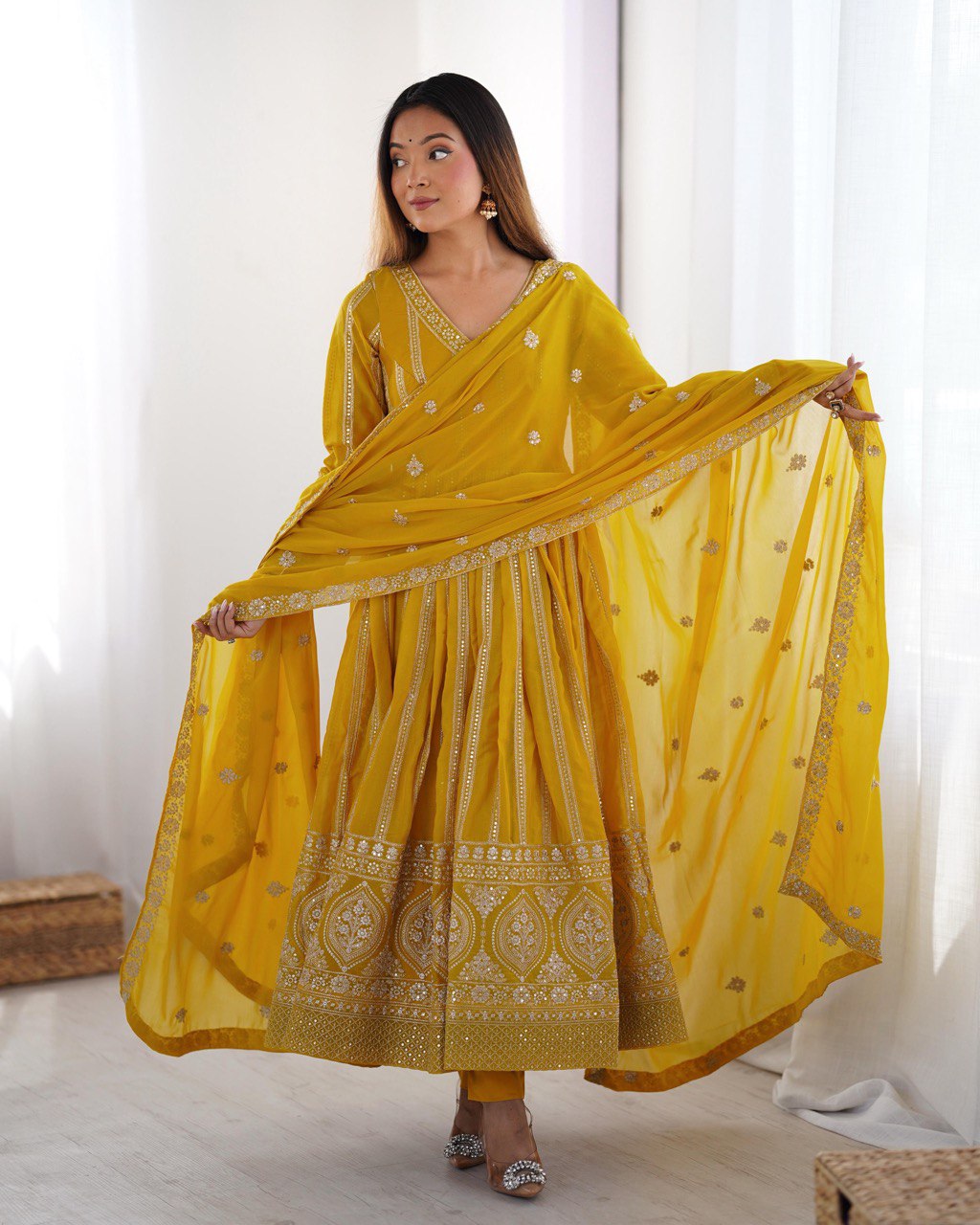 Yellow color star georgette gown for women