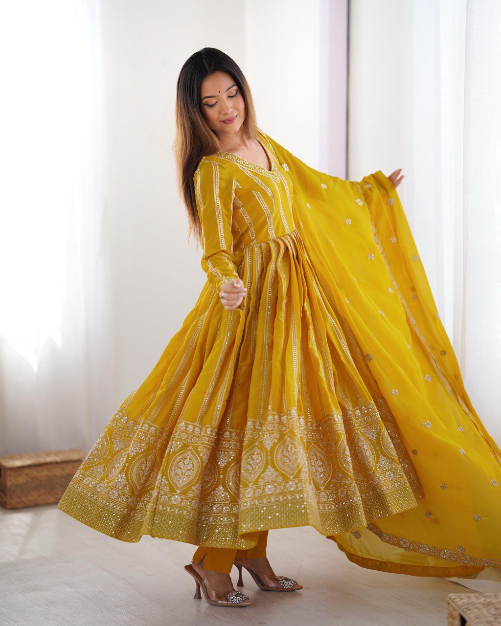Yellow color star georgette gown with dupatta online shopping