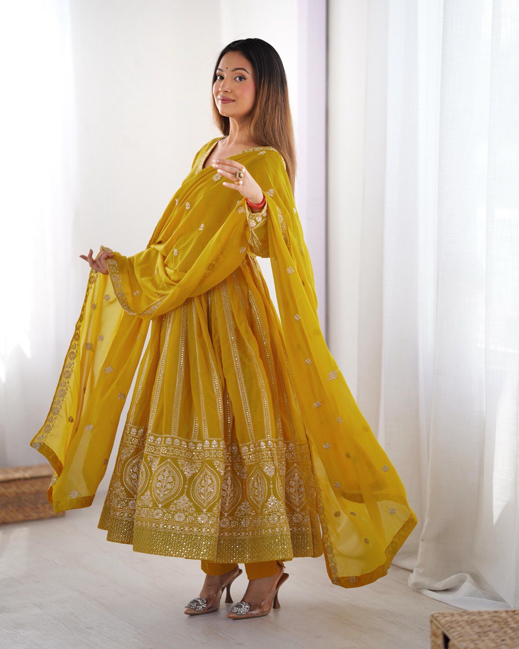 Yellow color star georgette gown with dupatta price
