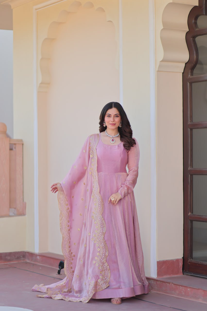 Pink color fendy chiffon long gown for women