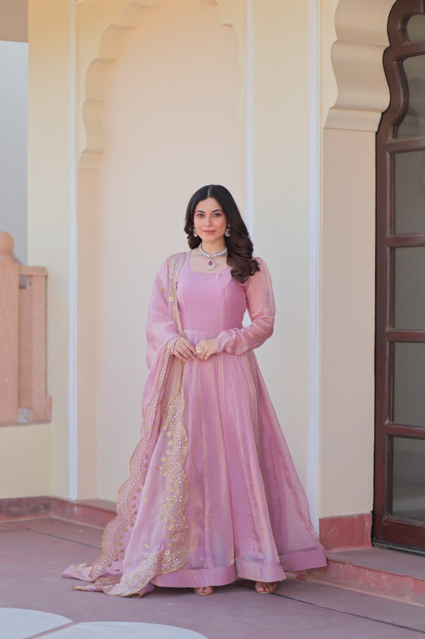 Pink color fendy chiffon long gown for wedding