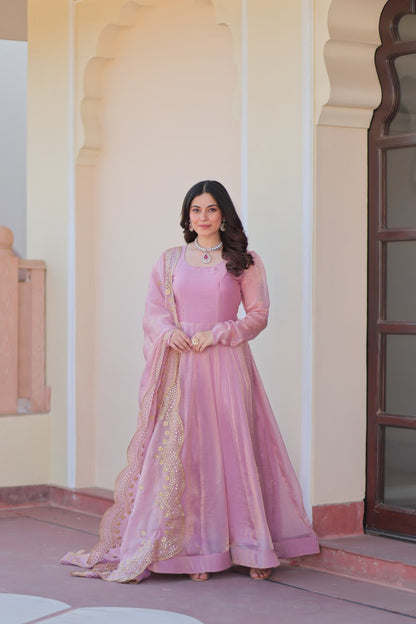 Pink color fendy chiffon long gown for wedding