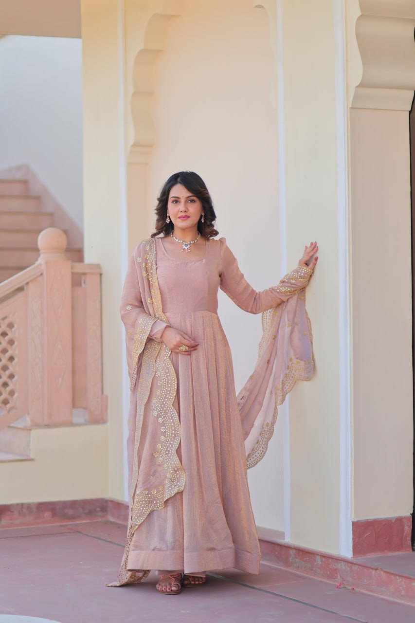 Beige color fendy chiffon gown for wedding