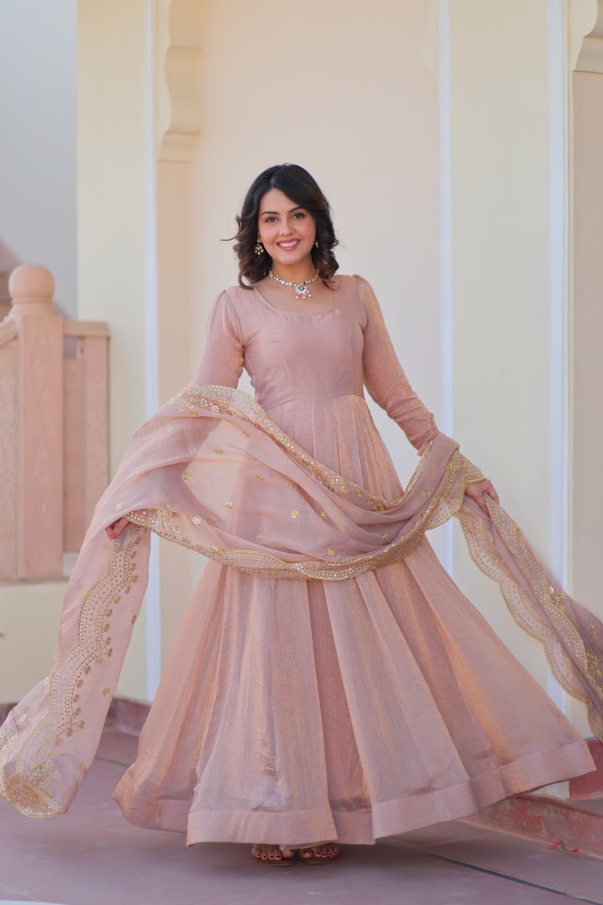 Beige color fendy chiffon gown for women