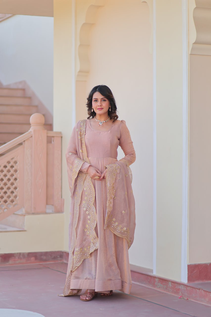 Beige color fendy chiffon gown with dupatta