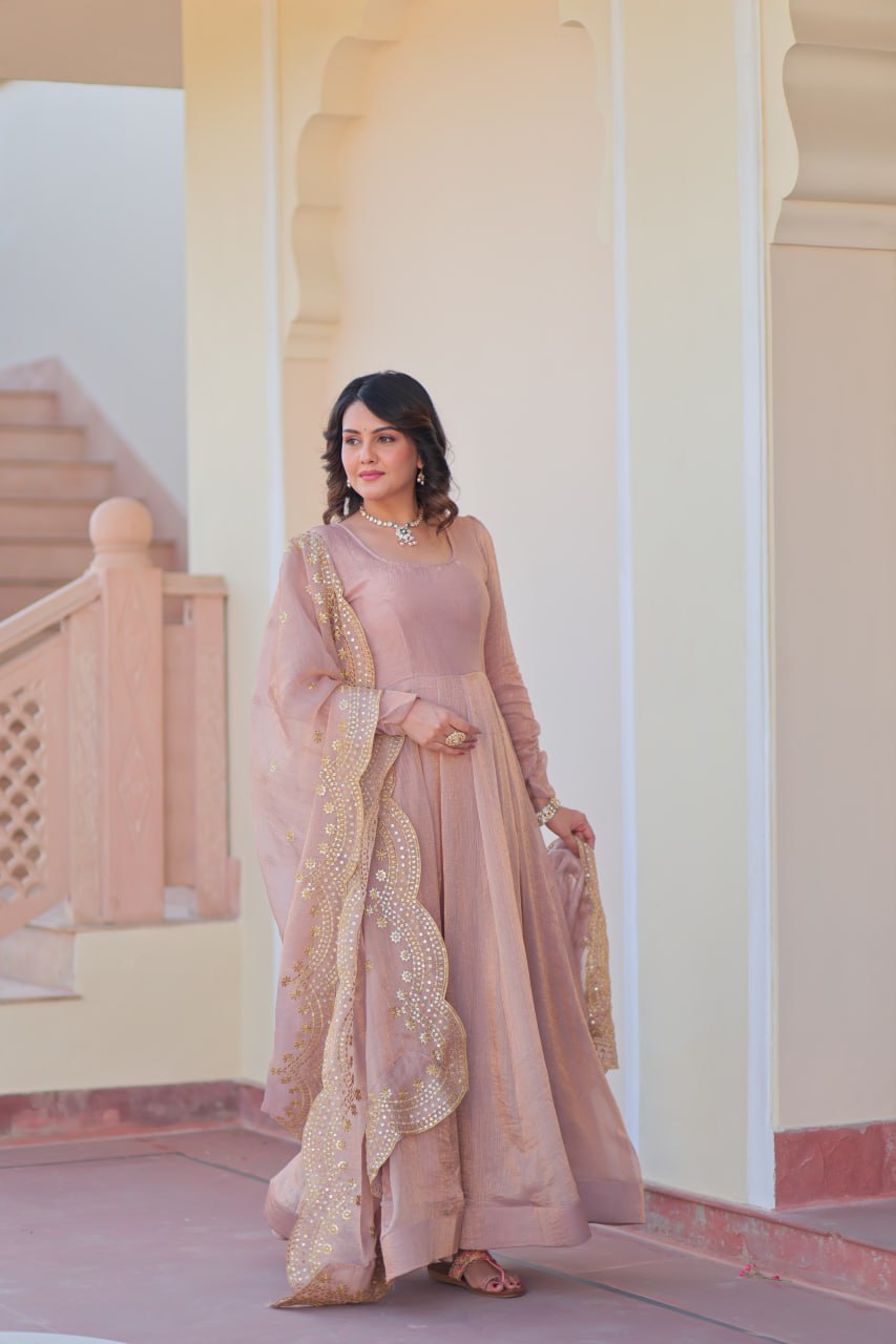 Beige color fendy chiffon gown with dupatta price