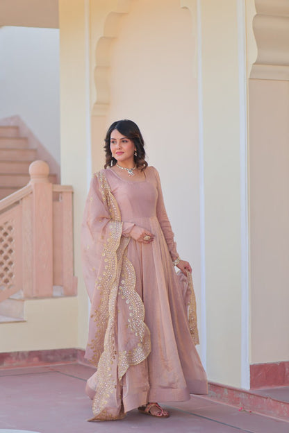 Beige color fendy chiffon gown with dupatta price
