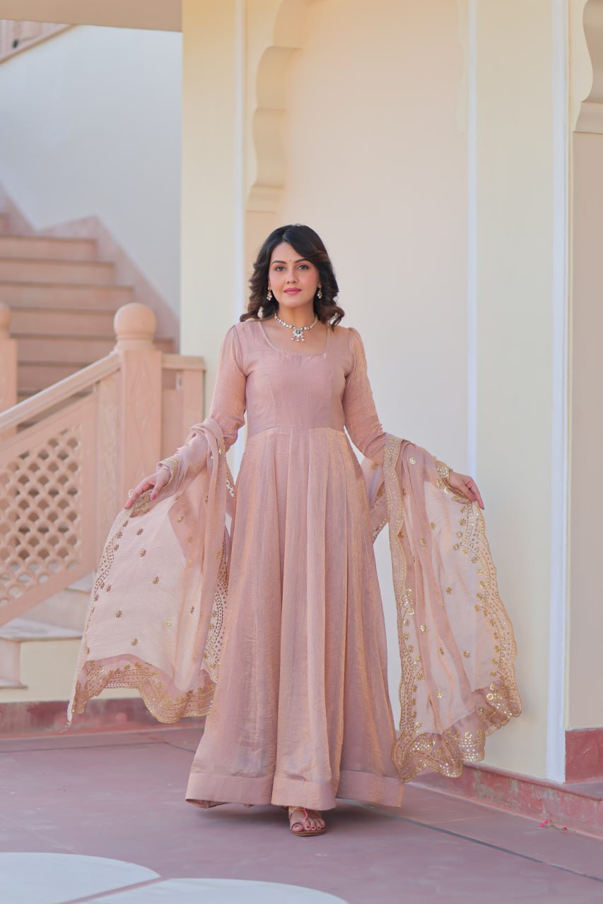 Beige color fendy chiffon gown with dupatta online