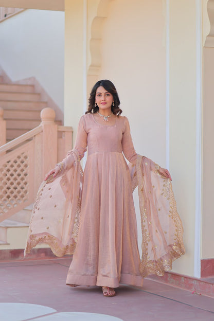 Beige color fendy chiffon gown with dupatta online