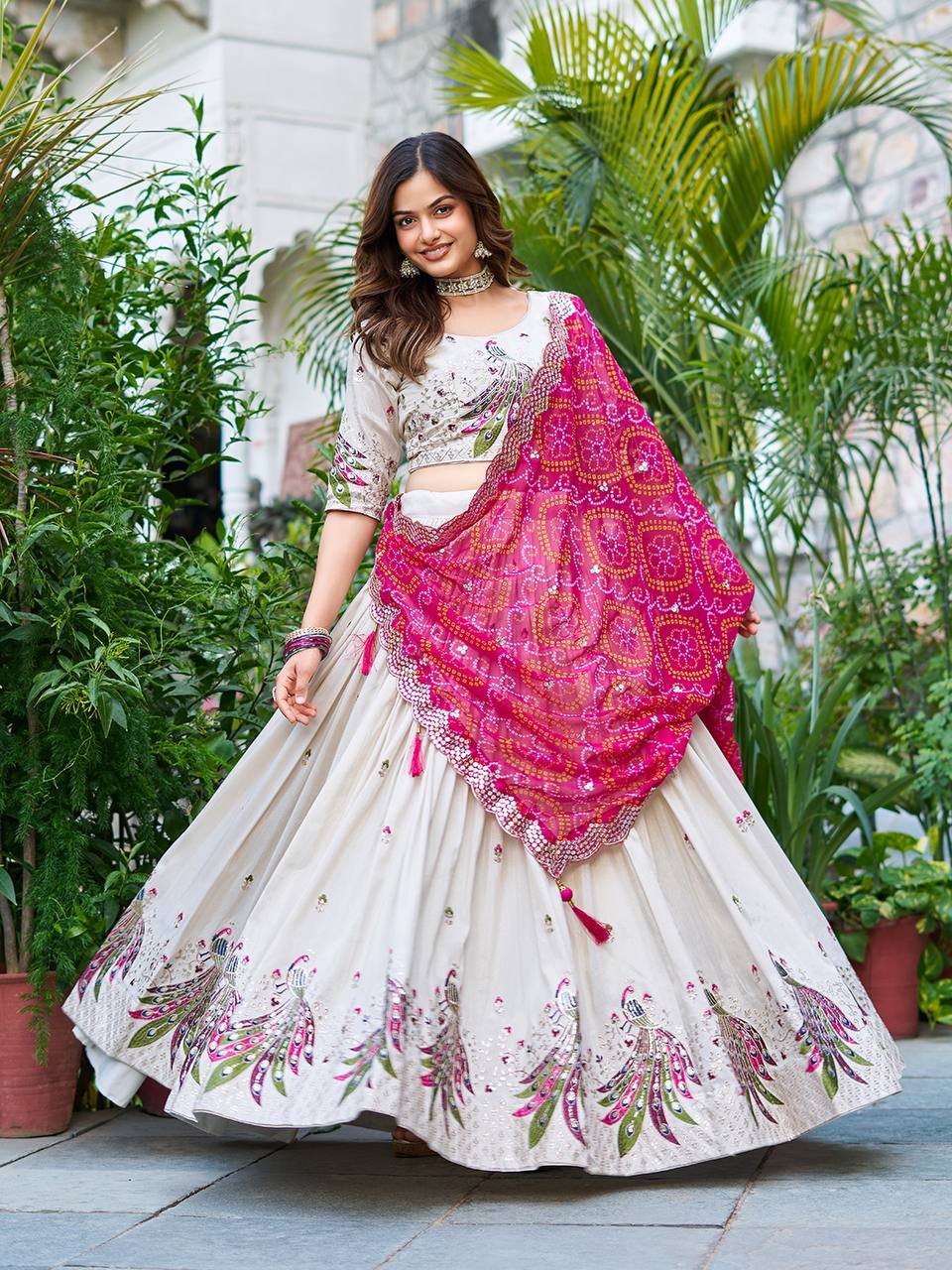 Off white color tissue silk lehenga choli for women