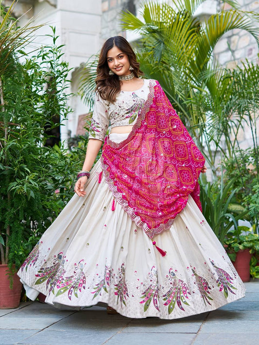 Off white color tissue silk lehenga choli for women