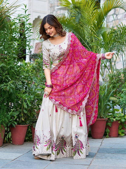Off white color tissue silk lehenga choli with dupatta online
