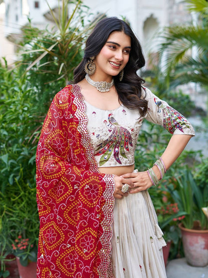 Off white color tissue silk lehenga choli with dupatta images